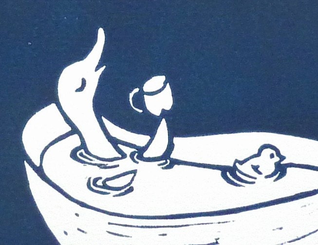 Duck taking a bath - original linocut art print - nursery gift