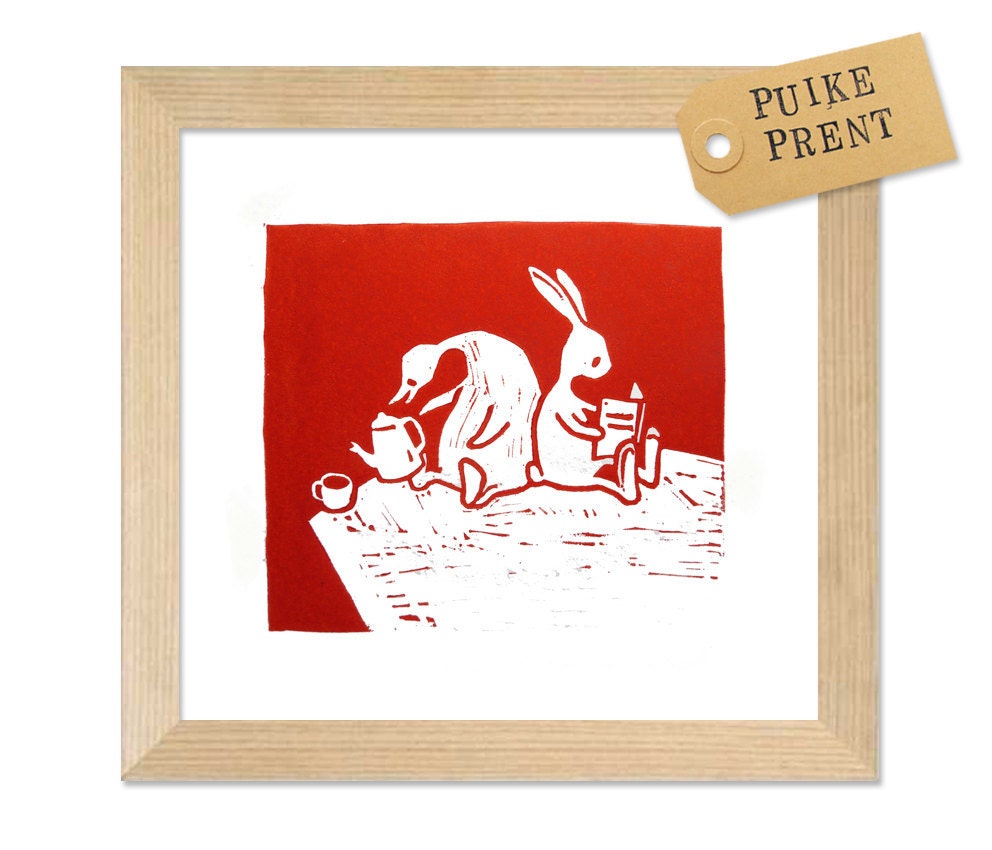 Duck and rabbit go for a picknick - original linocut art print - nursery gift - handcarved and handprinted