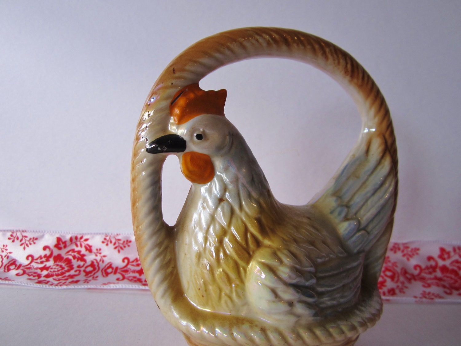 Vintage Ceramic Hen In "Woven" Basket