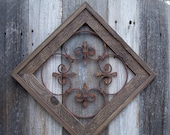 Rustic Wood Framed Steel Wall Decor For Garden or Home, Rusted Steel Rosette Wall Decor