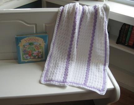 Soft White and Lavender Stripe Fan Stitch Baby Blanket Ready to ship