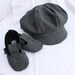 2 Piece Gray and Blue Pin Stripe Cloth Newsboy Hat or Newsie Hat and Matching Baby Booties