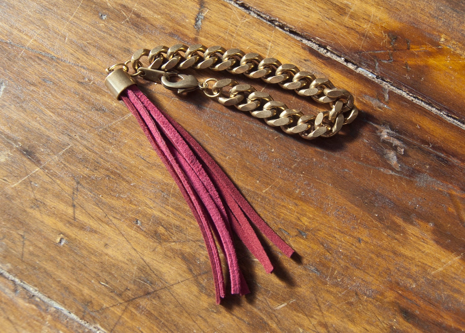 Fringe Bracelet - Red and burgundy suede tassel on thick raw gold chain