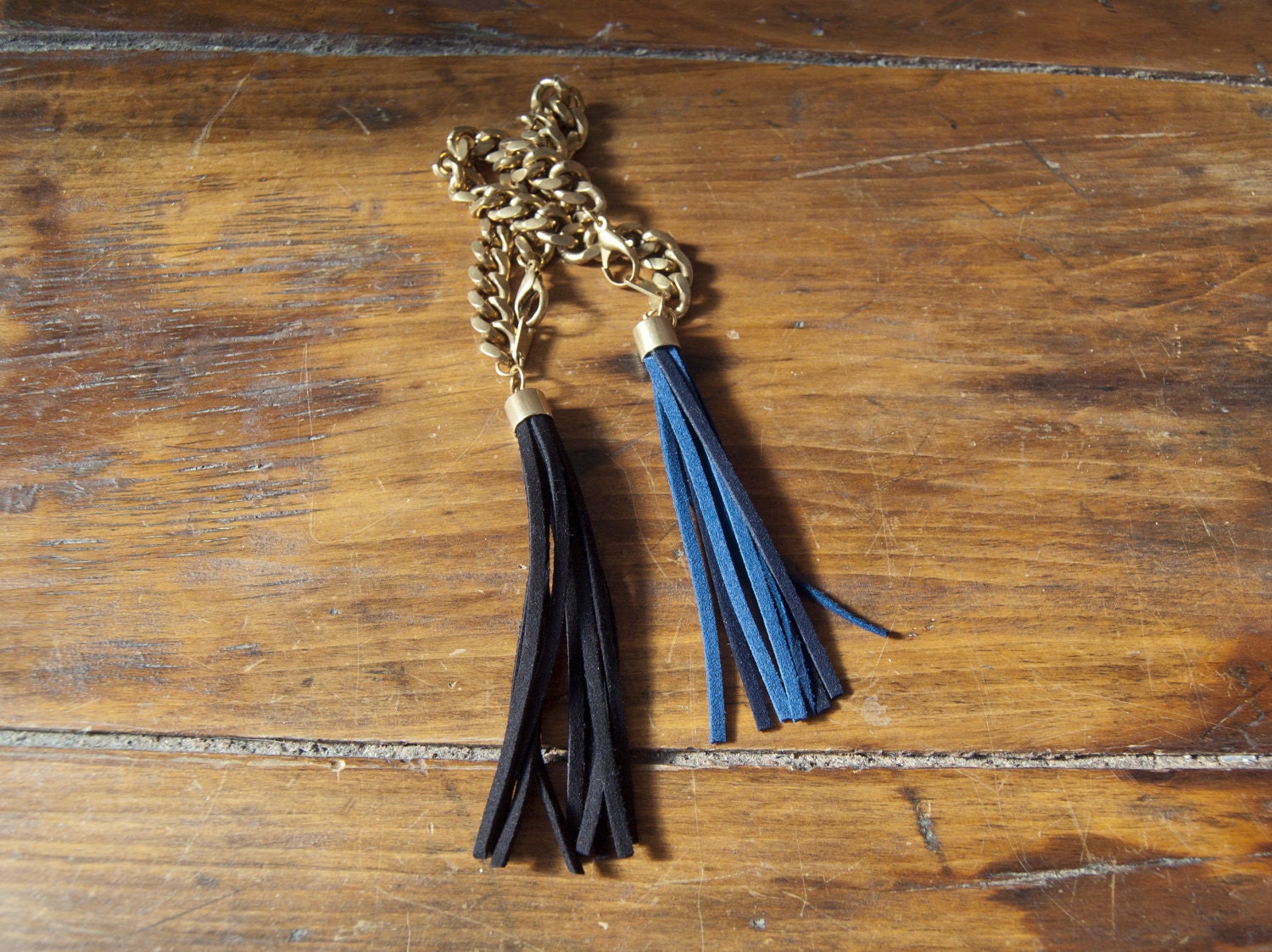 Fringe Bracelet - Blue and navy suede tassel on thick raw brass chain
