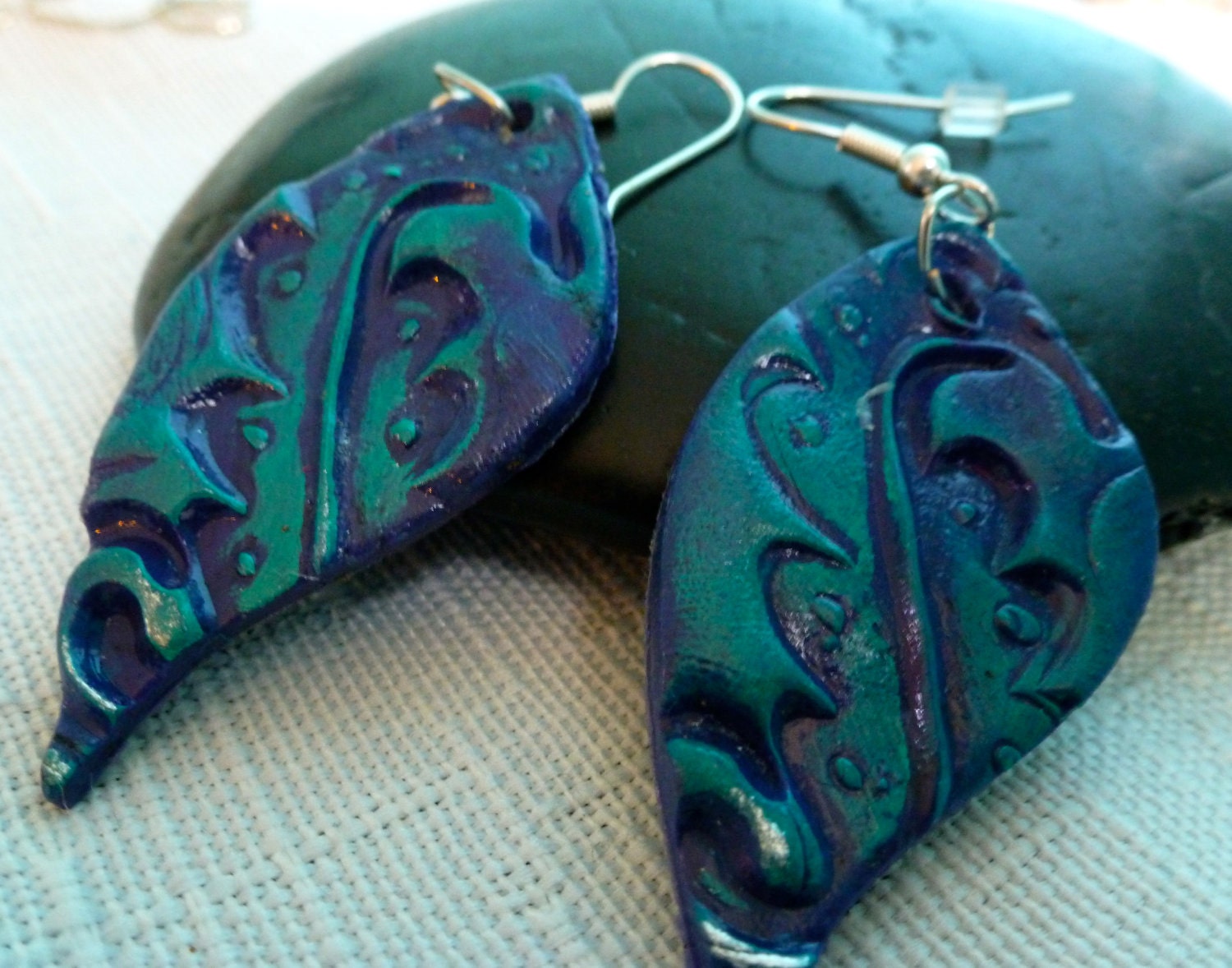 Reserved for K Peacock Earrings Curvy Teal Blues and Purples