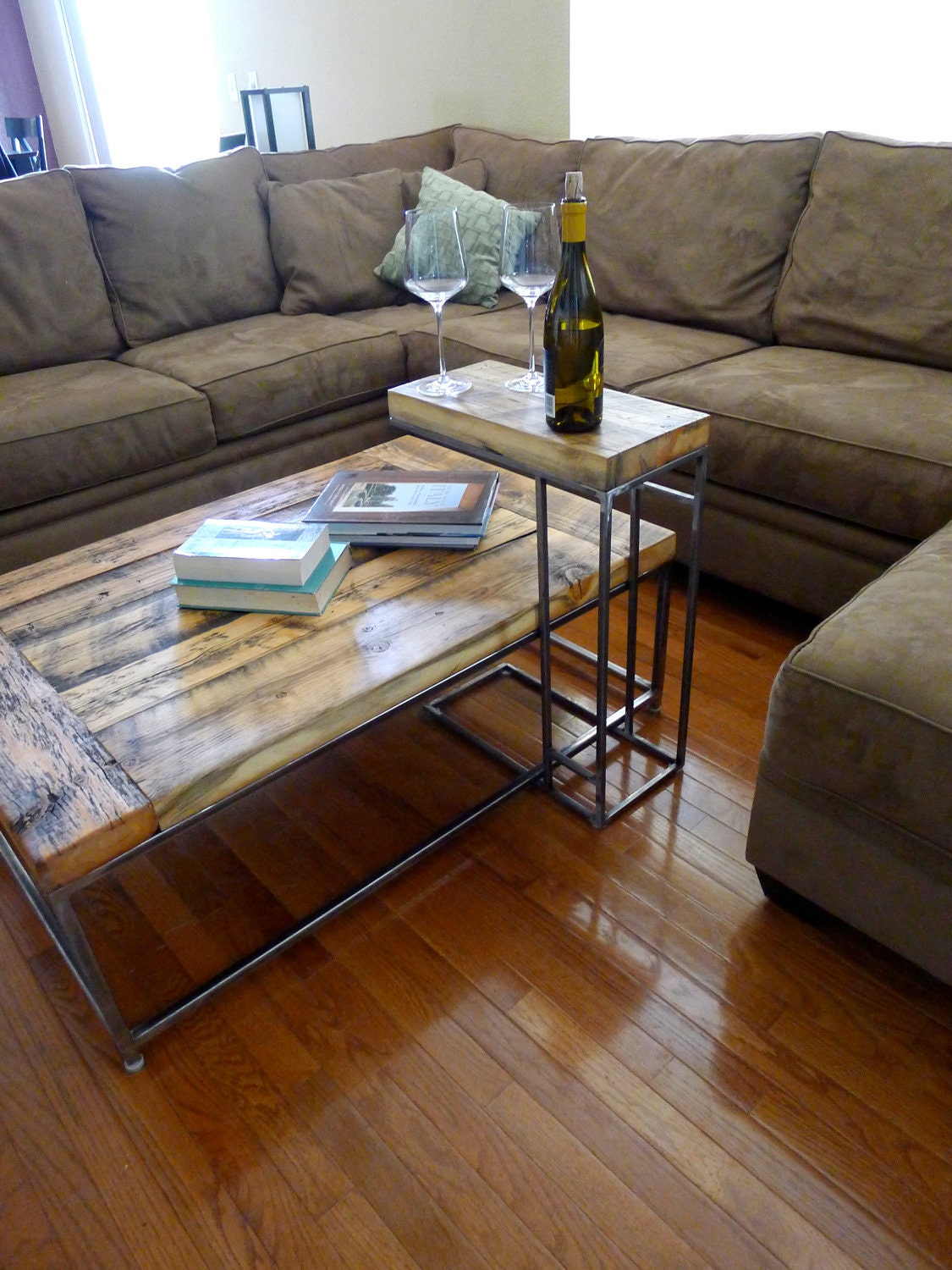 R&W coffee table and C table industrial reclaimed wood and welded metal table legs rustic furniture and minimalist interior design