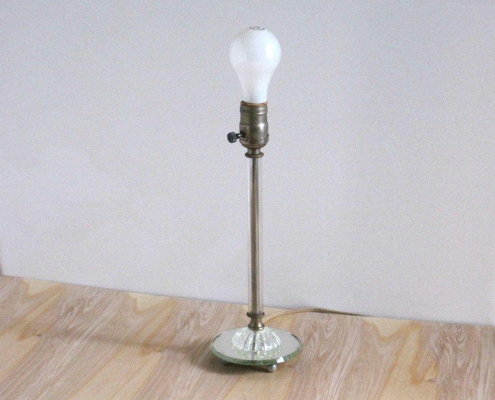 Vintage Glass Candlestick Lamp with Mirrored Base - Art Deco - Hollywood Regency