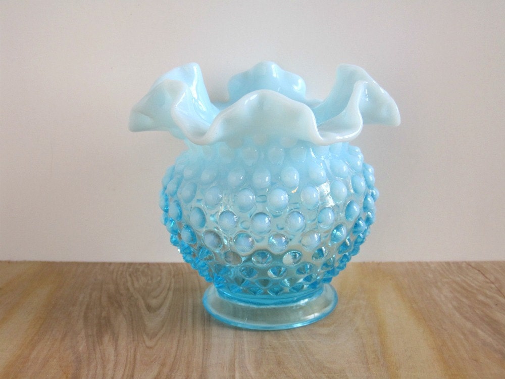 Vintage Hobnail Glass Vase - Fenton Blue Opalescent - Cottage Style