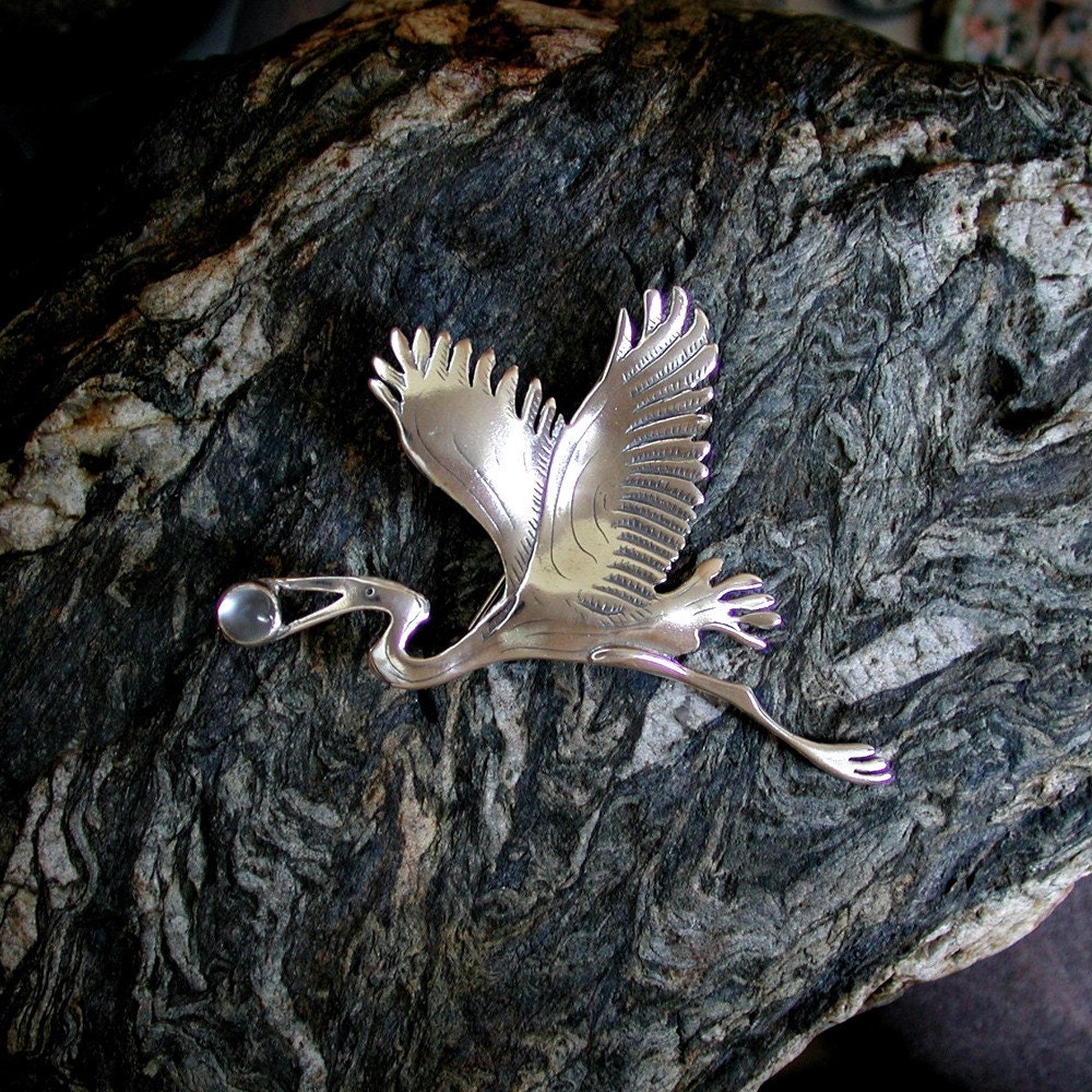 Great Blue Heron Brooch/ sterling silver