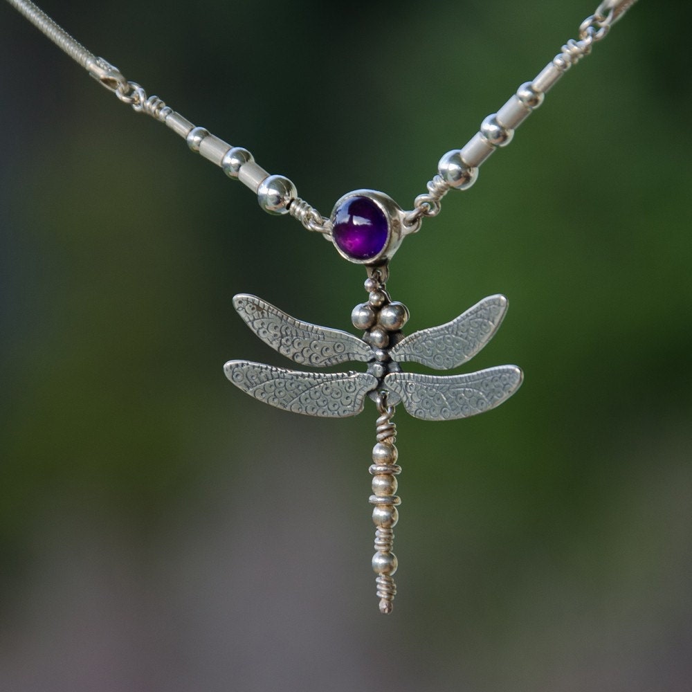 sterling silver Dragonfly Necklace with amethyst