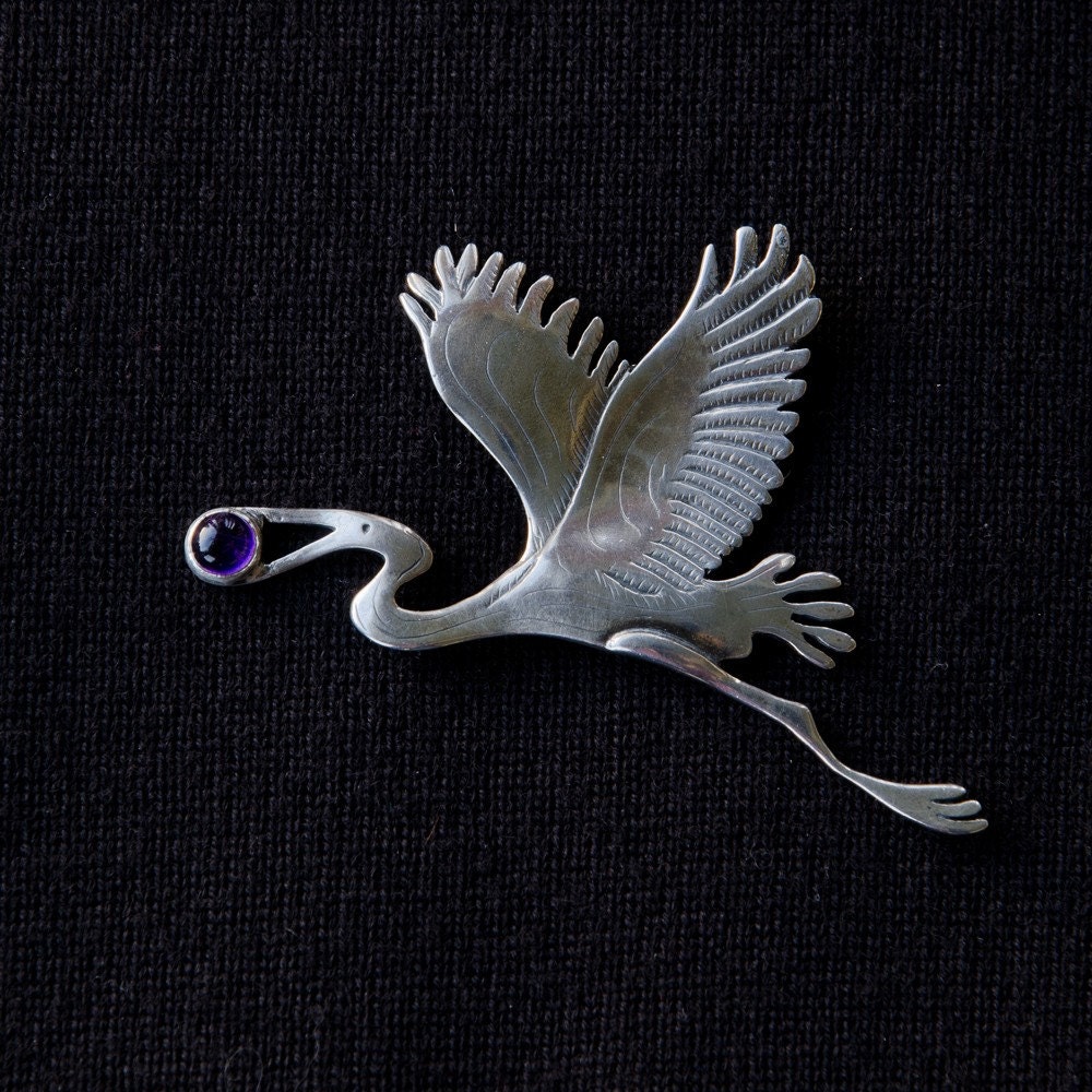 Sterling Silver Heron Pin with amethyst