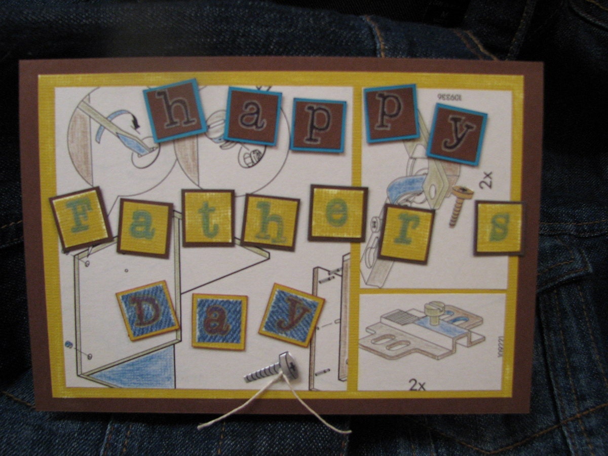 Father's Day card denim blue brown OOAK card with envelope