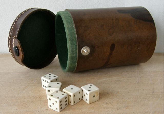 Vintage English Brown LEATHER DICE CUP and Five Dice Suede Lining