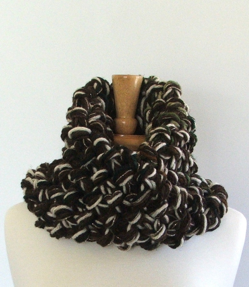 Chunky Knit Charcoal Gray / Cream / Chocolate Brown Twisted Infinity Cowl Scarf