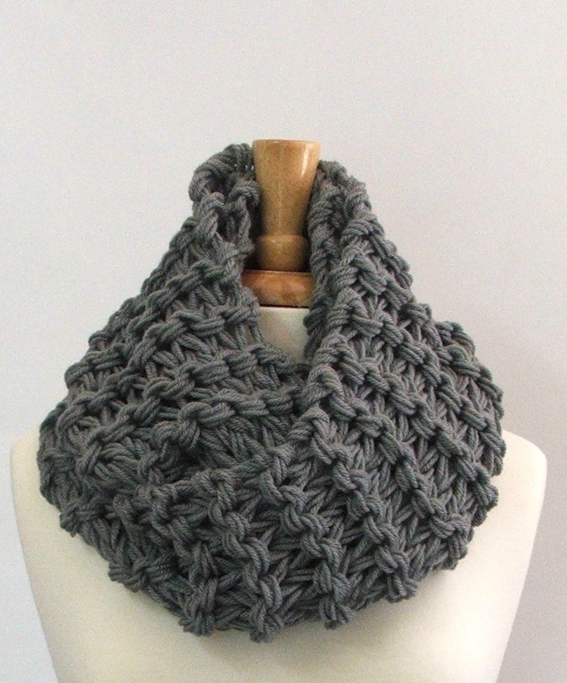 Chunky Knit Silver Gray Long Infinity Cowl Scarf