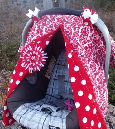 Carseat Canopy / Carseat Cover / Carseat Tent / Carseat Blanket Snaps up the Front REVERSABLE Red Damask RTS CLEARANCE