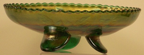 Fenton Green Carnival Glass Stag and Holly Bowl