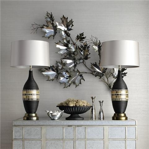 Pair of Lamps, Mid-Century Modern Black and Gold Ceramic, Abstract Mosaic Tiles Motif
