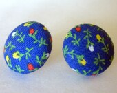 Blue Floral Fabric Covered Button Earrings