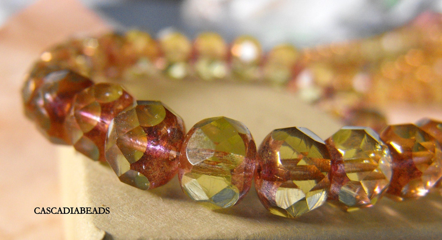 Czech Glass Bead - Lemon Rose Copper - 10  - Faceted Rondells - 6x8mm (cab-342)
