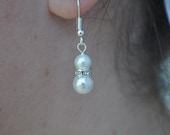 White Pearl and Rhinestone Dangle Wedding Earrings: One pair. Wedding Jewelry. Bridal Earrings. Pearl Earrings.