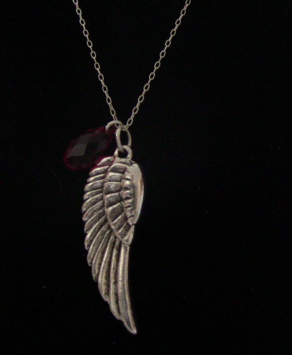 16" SIlver Angel Wing Pendant with Siam Swarovski Crystals