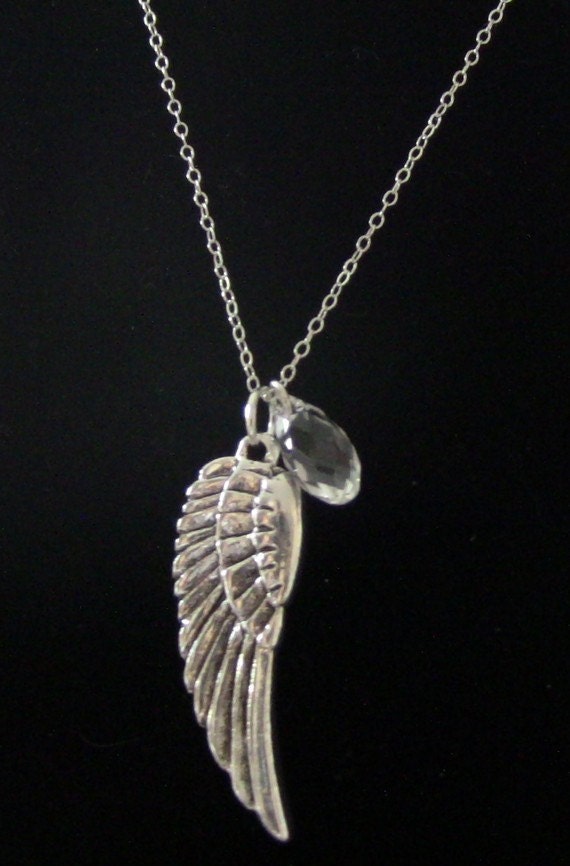 16" Silver Angel Wing Pendant with Crystal Swarovski Crystals