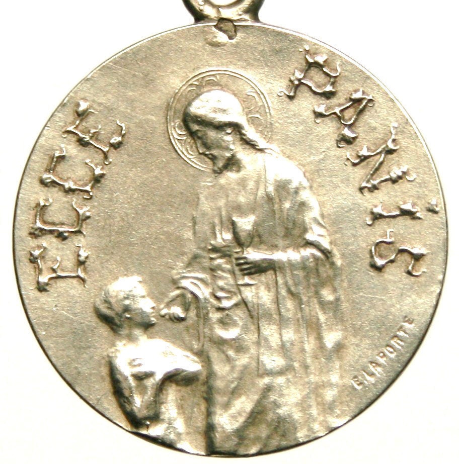 Ecce Panis Solid Engravable Silver Communion Medal signed E. LAPORTE on 18 inch sterling silver rolo chain