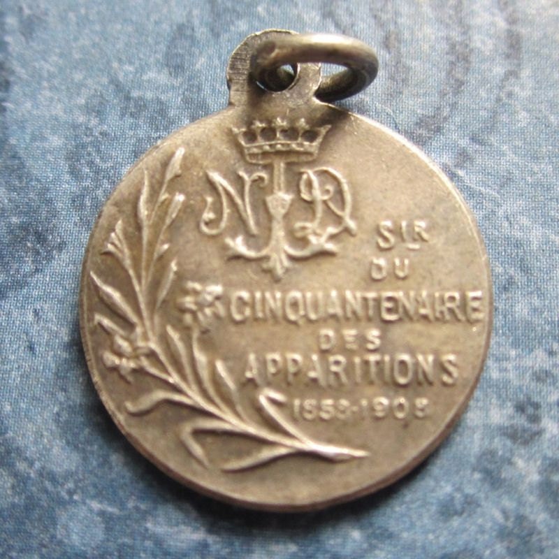 1908 Lourdes 50th Anniversary Antique Religious Medal on 18" sterling silver rolo chain