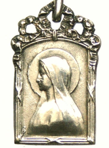Antique Art Nouveau to Notre Dame of Lourdes Religious Medal on 18" sterling silver rolo chain