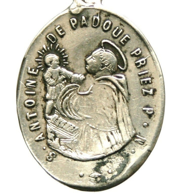 Saint Anthony of Padua Antique & Immaculate Mary Antique Silver Medal on 18 inch sterling rolo chain