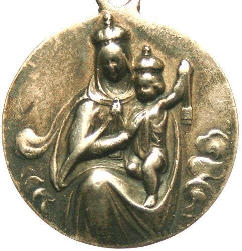 Our Lady of Carmel & Sacred Heart of Jesus Silver Antique Medal on 18" sterling silver rolo chain