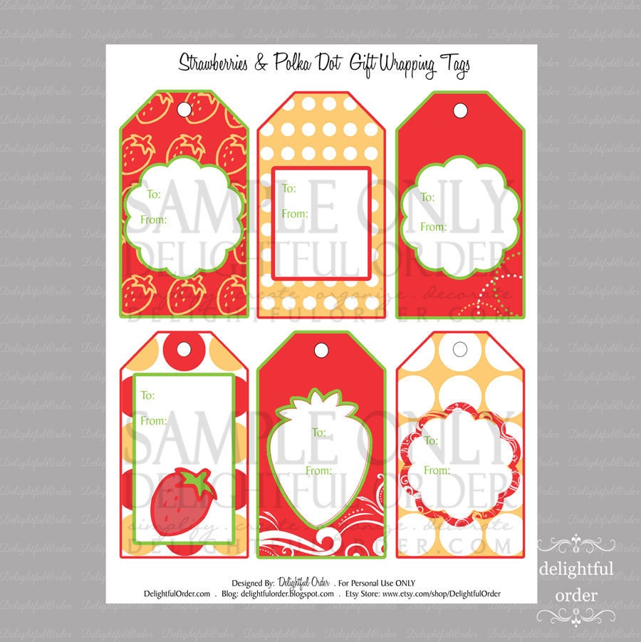Strawberries & Polka Dots Gift Tags - PDF Printable File