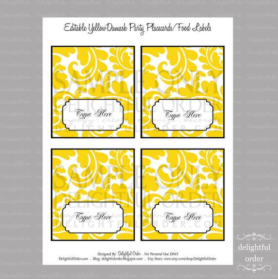 Editable and Printable - Yellow Damask Placecard Food Labels/Tags - (4) Digital Files