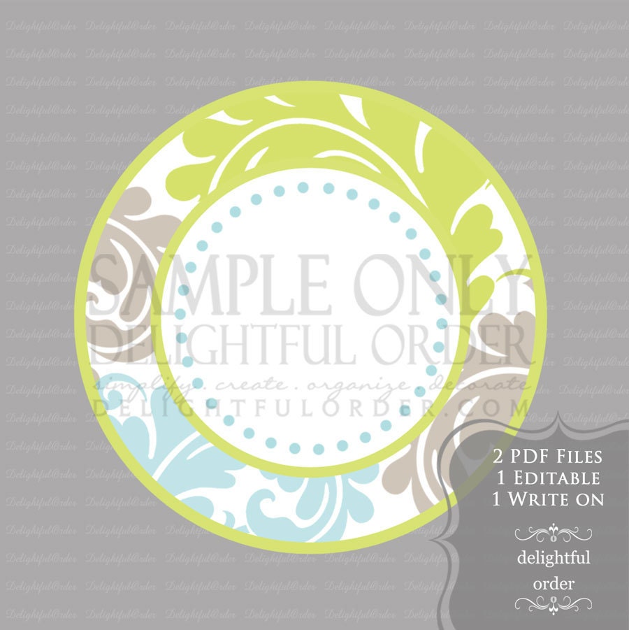 Editable and Printable - Damask Multi-Colored Circle Label/Tags - (2) PDF Files