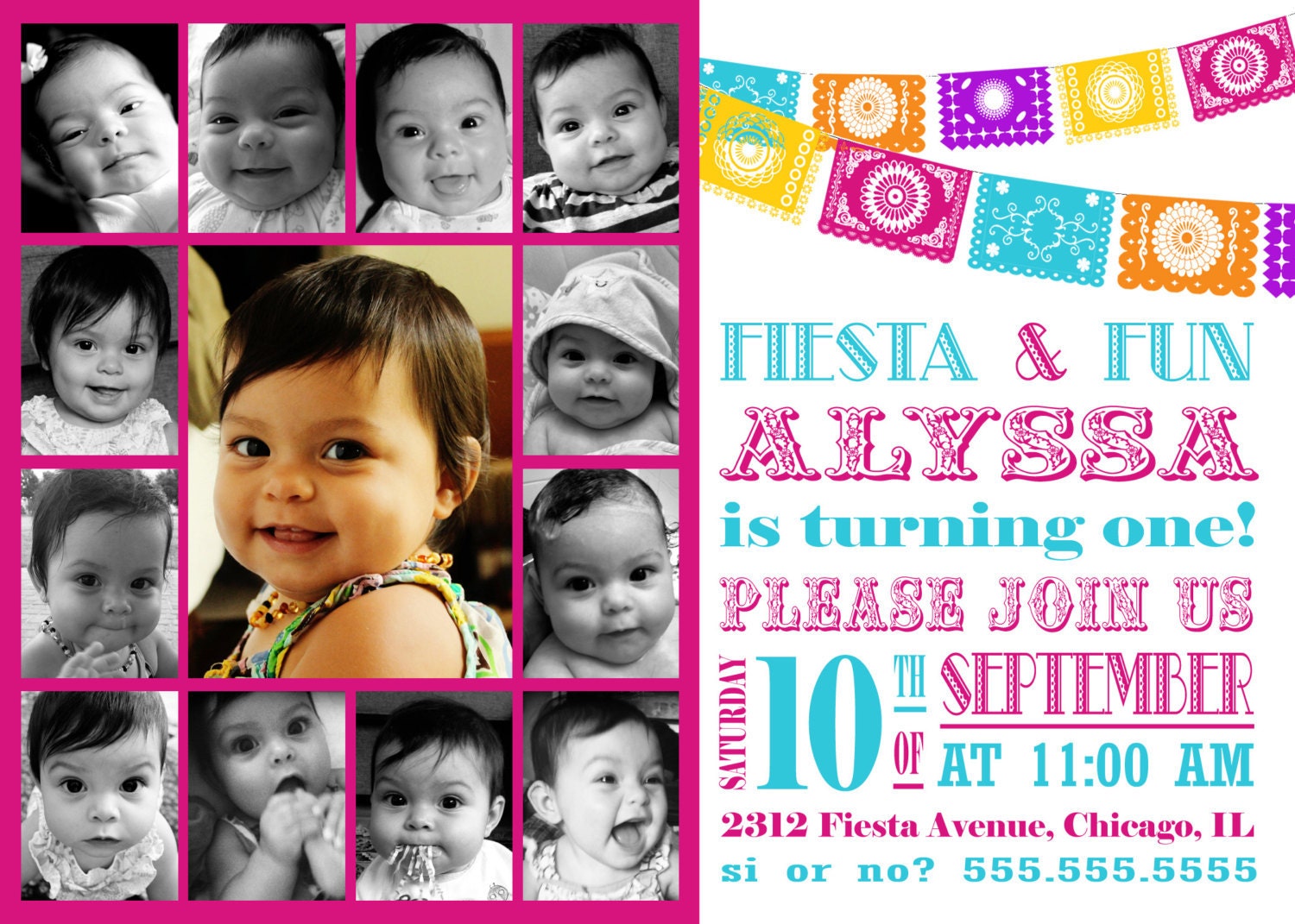 Fiesta invitation collage papel picado first birthday