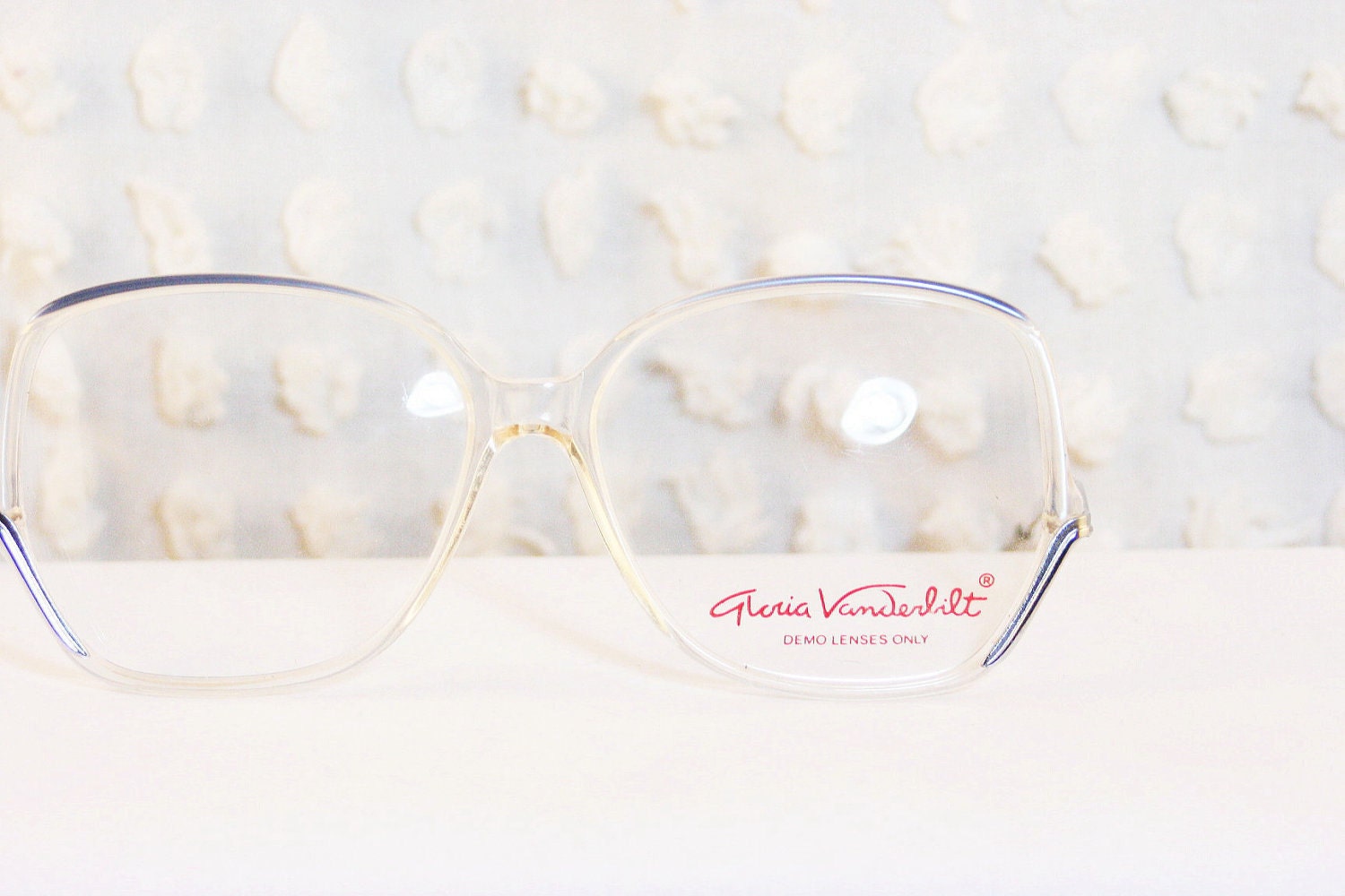 80s Glasses Blue Stained Glass 1980's Oversize Eyeglasses Clear Horn Rim Silver Window Temple Dead Stock