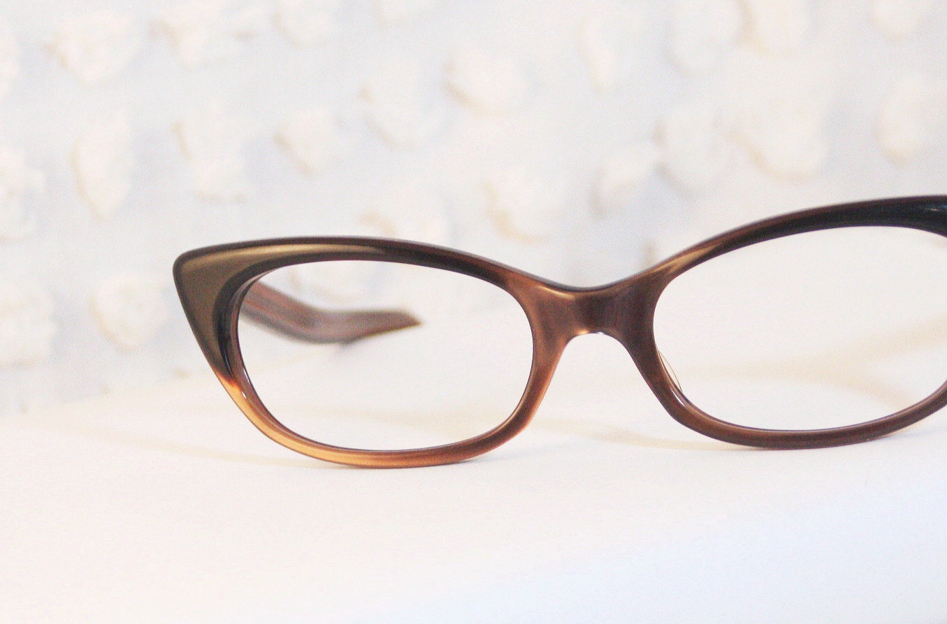Brunette Pearl Cat Eye 1960's Eyeglassses Oval Lens Brown Horn Rim Dead Stock by Art Craft