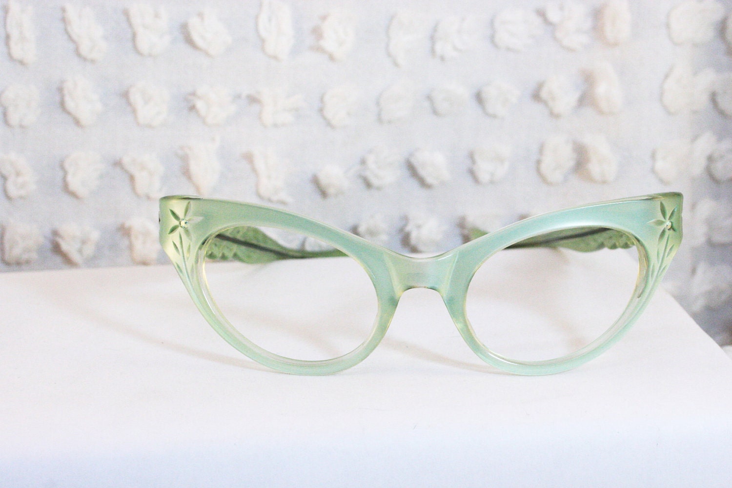 Vintage 1950s Cat Eye Glasses 50s Womens Eyeglasses Frames Mint Green Rhinestone Mermaid Carved 46/22 Optical Frame