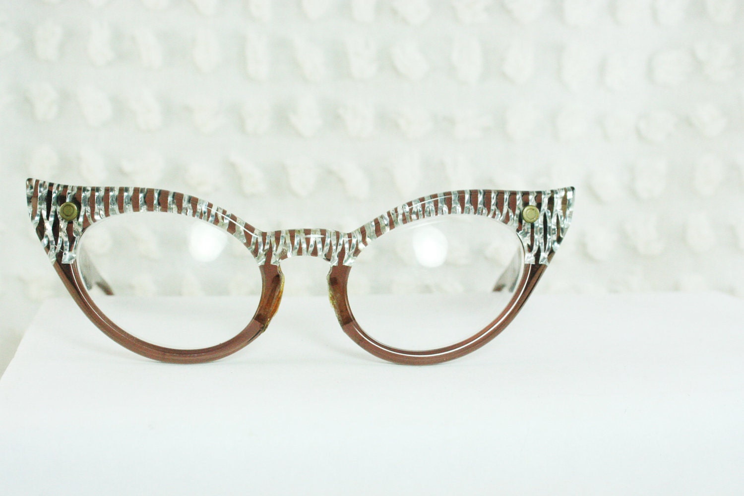 50s Glasses 1950s Cat Eye Glasses Silver Sparkle Browline Clear Brown Unique Eccentric Frame 45/21 Lumar Optical
