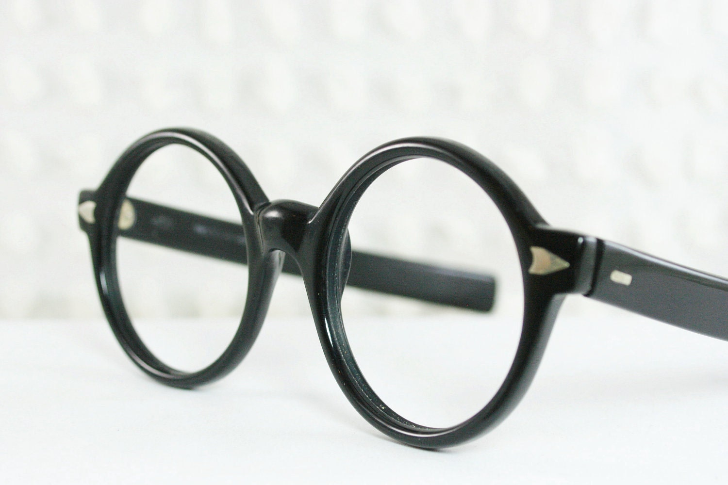 Vintage 60s Glasses 1960s Round Eyeglasses Black Horn Rim Unisex 22/46 Optical Frame