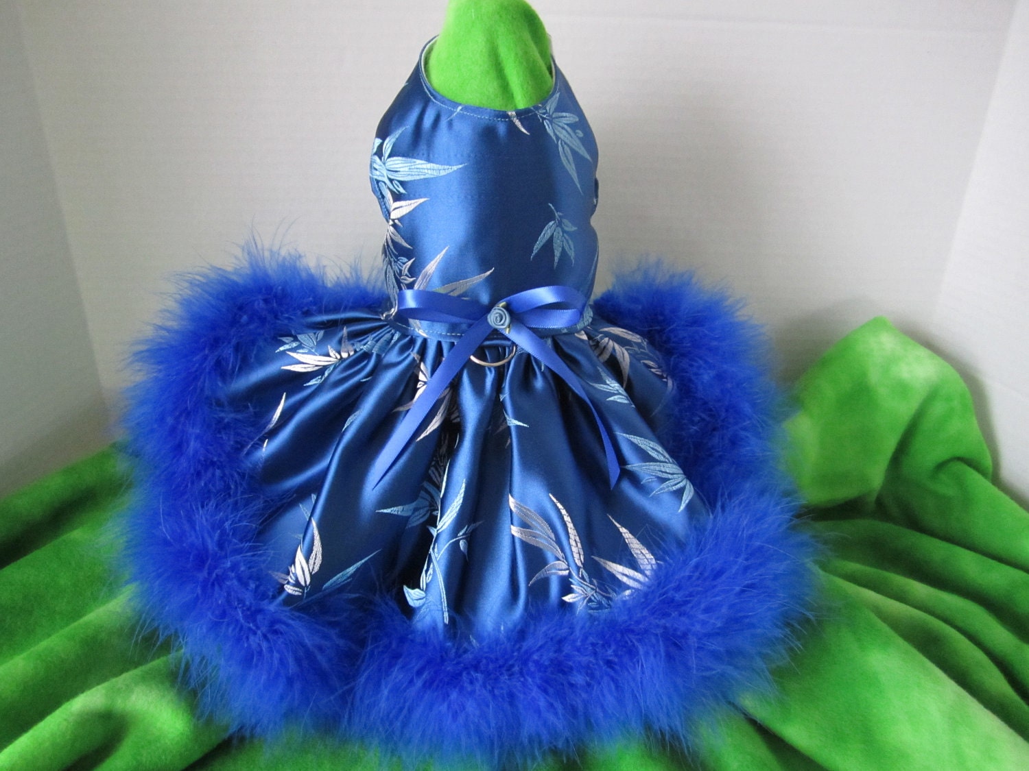 Dog Dress  XS  Navy  Blue With Marabou  Boa  By Nina's Couture Closet