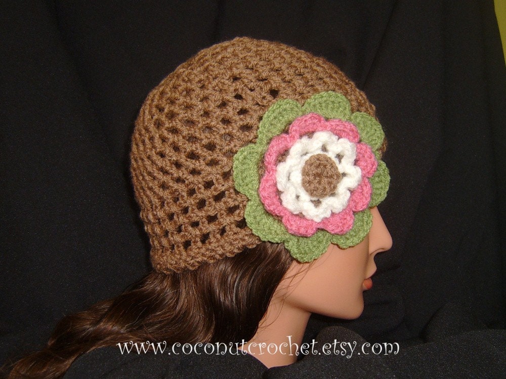 Brown Beanie with Tea Green, Raspberry Pink and White Flower