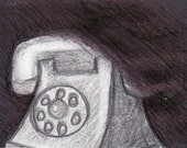 original ACEO telephone pencil sketch black & white miniature artwork