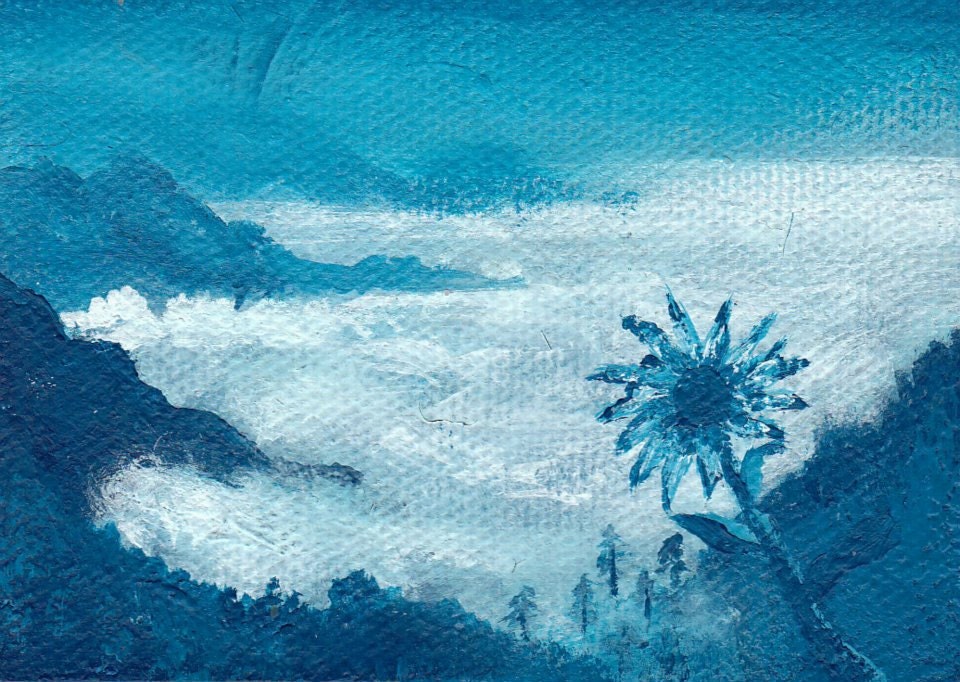 ACEO Monochromatic blue clouds mountains flower