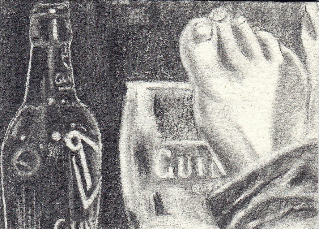 Contemporary art ACEO original pencil sketch of a foot and a Guinness