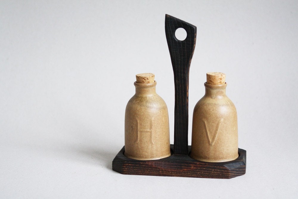 French Oil and Vinegar Cruets  ( H & V ) with Wooden Base - 1970s
