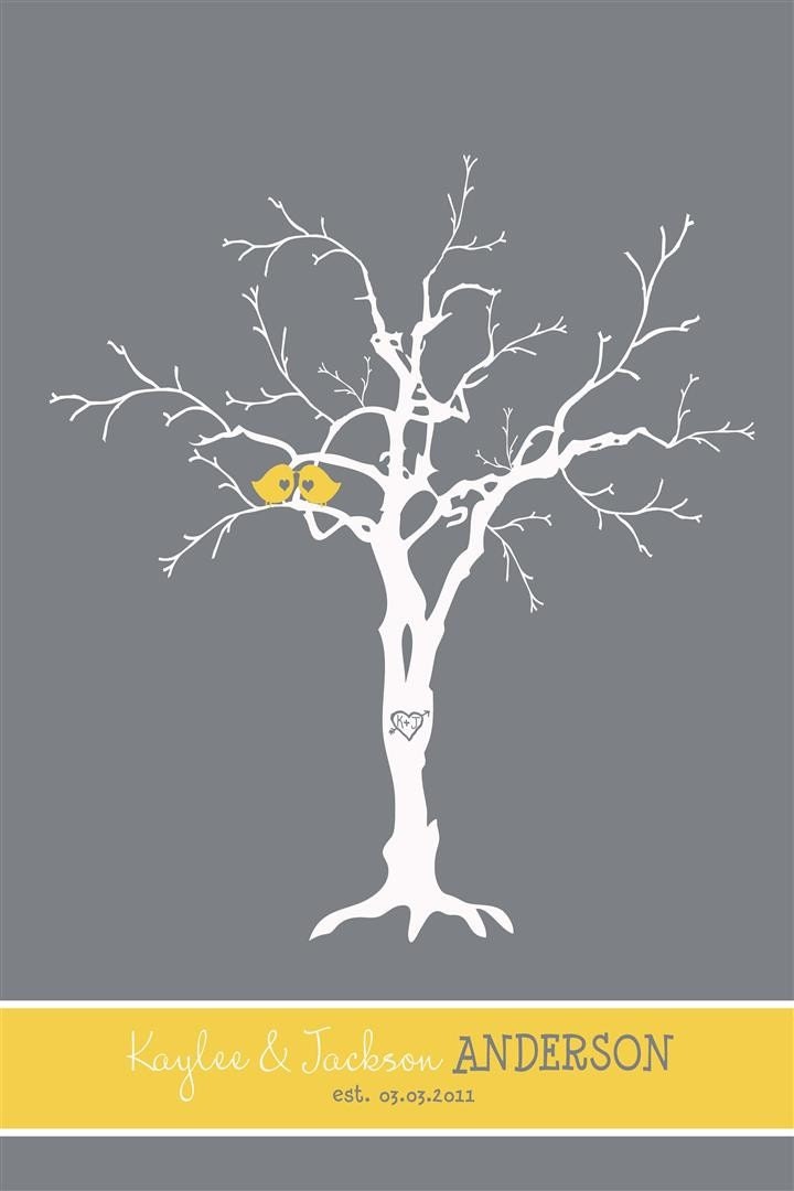 Wedding Guest Book Fingerprint Tree - Custom Love Birdies - 16" x 24" - With Ink and Instructions - Sale
