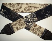 Dark Brown Toile meets Modern Day Floral camera strap, reversible, 2 expandable pockets with stretchable elastic,  dark brown leather