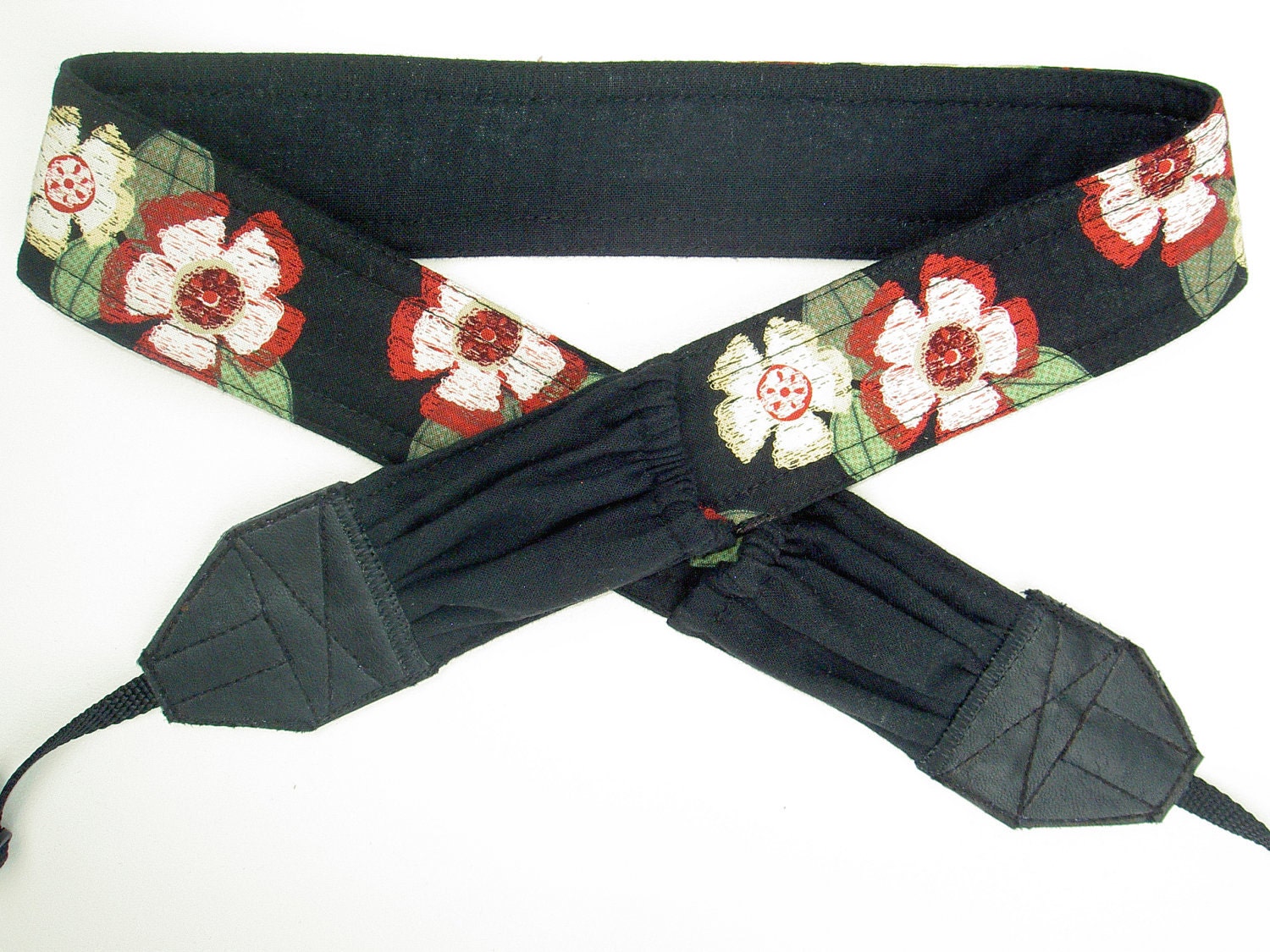 NEW-Chunky Art Deco Flowers with soft black linen back and pockets camera strap, reversible, 2 expandable pockets with stretchable elastic